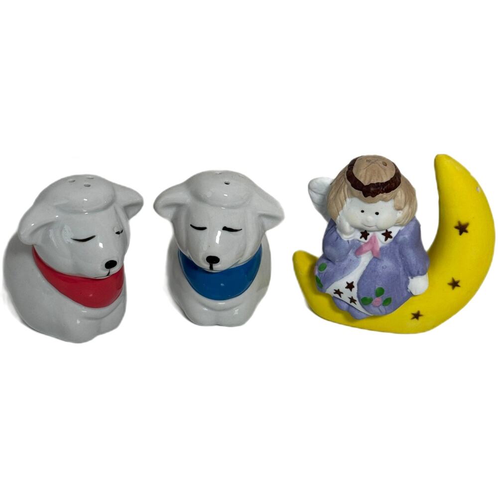 Lot of 2 Ceramic Salt Pepper Shaker Set Lambs and Angel Sitting on Crescent Moon